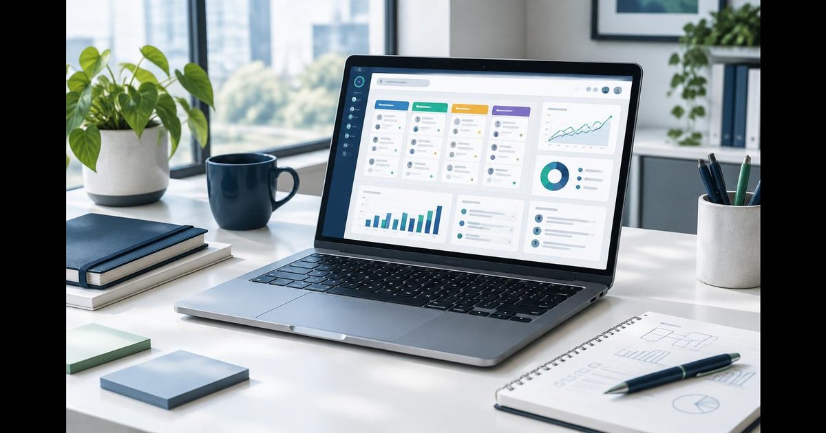 Laptop displaying a generic CRM dashboard in a bright agency workspace